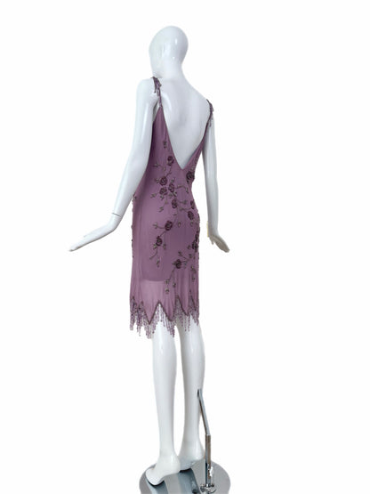 SUE WONG 2003 Vintage Runway Plum Purple Silk Beaded Slip Dress