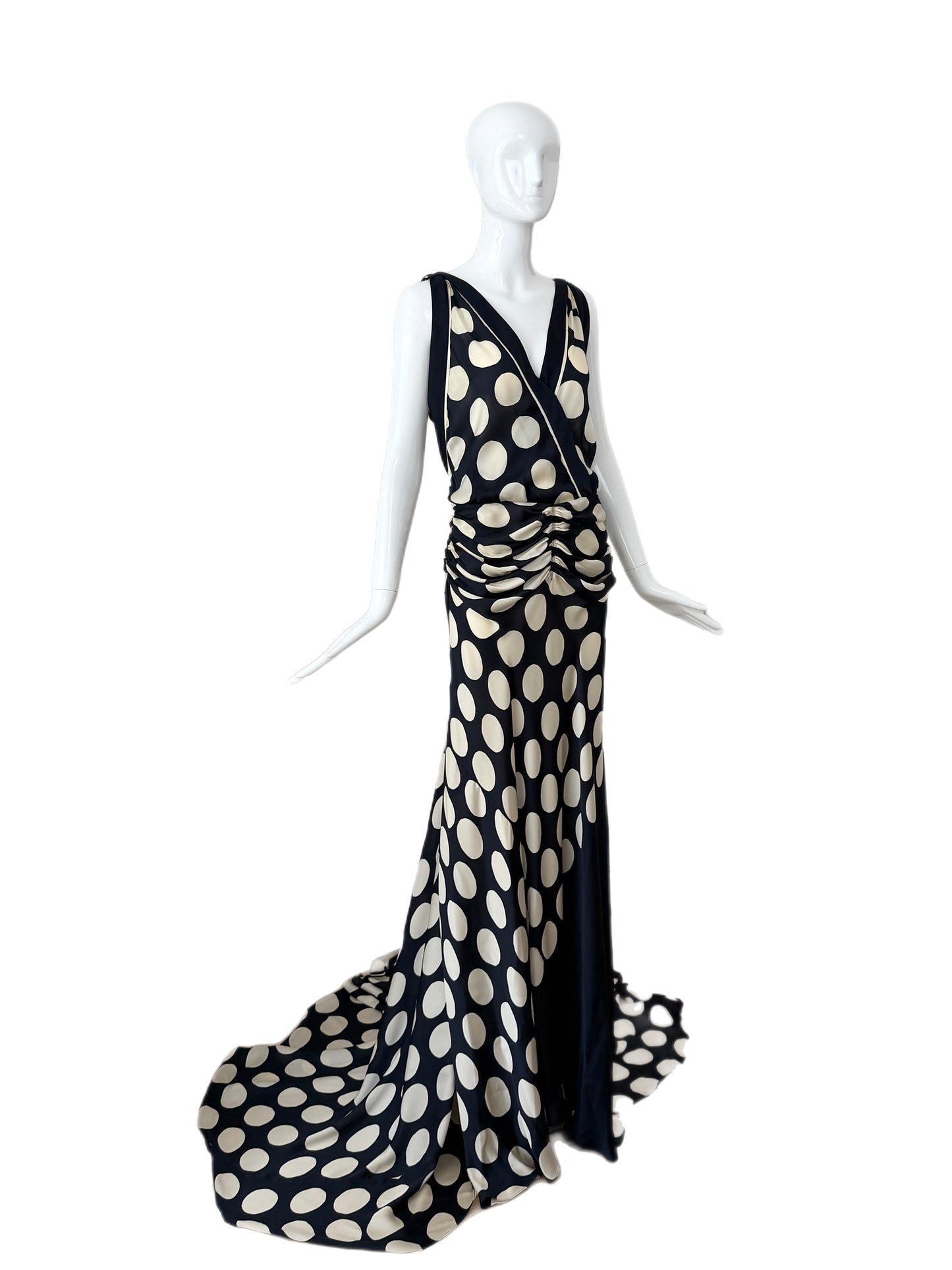 DONNA KARAN 2003 Vintage Runway Silk Midnight Blue +Ivory Polka Dot Gown