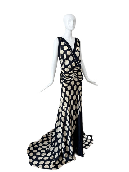 DONNA KARAN 2003 Vintage Runway Silk Midnight Blue +Ivory Polka Dot Gown