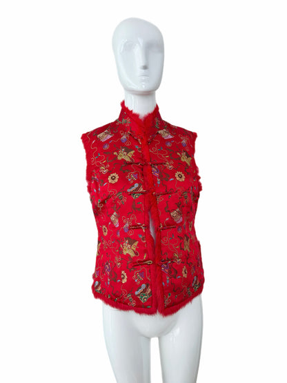ADRIENNE LANDAU Vintage Red Chinoiserie Fur Trimmed Lightweight Vest