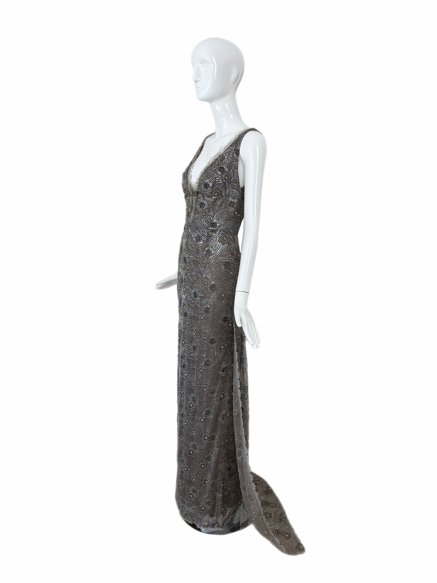 RANDOLPH DUKE 2005 Vintage Silver Floral Beaded Evening Gown w. Train