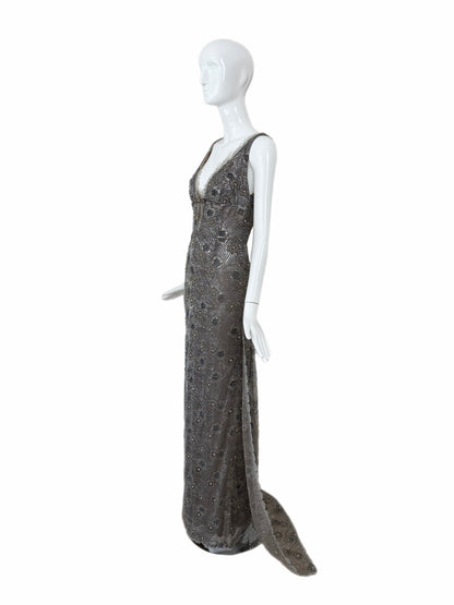 RANDOLPH DUKE 2005 Vintage Silver Floral Beaded Evening Gown w. Train