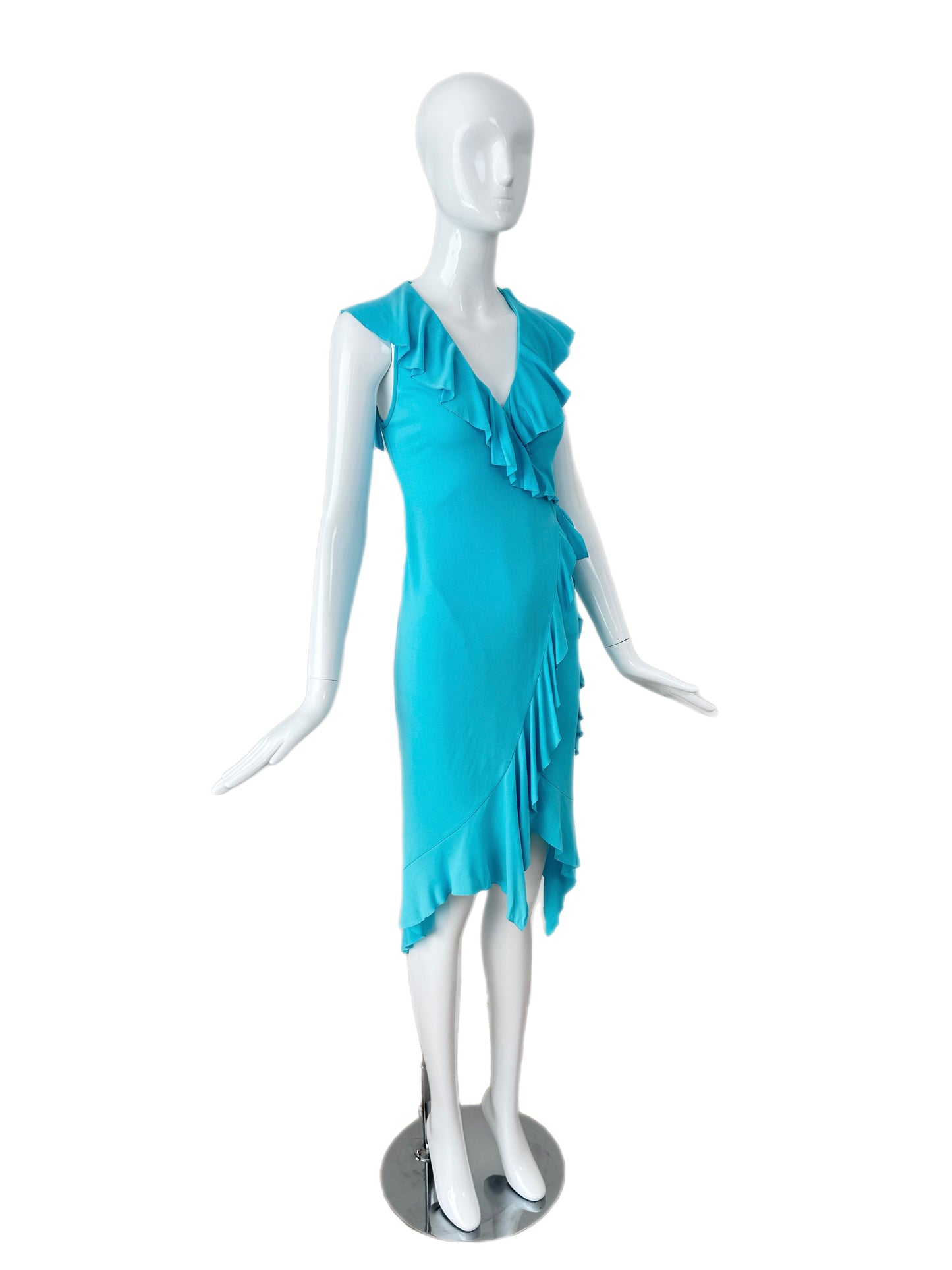 VERSACE 2004 Vintage Aqua Blue Ruffle Wrap Dress