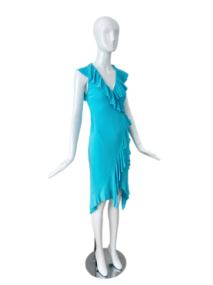 VERSACE 2004 Vintage Aqua Blue Ruffle Wrap Dress