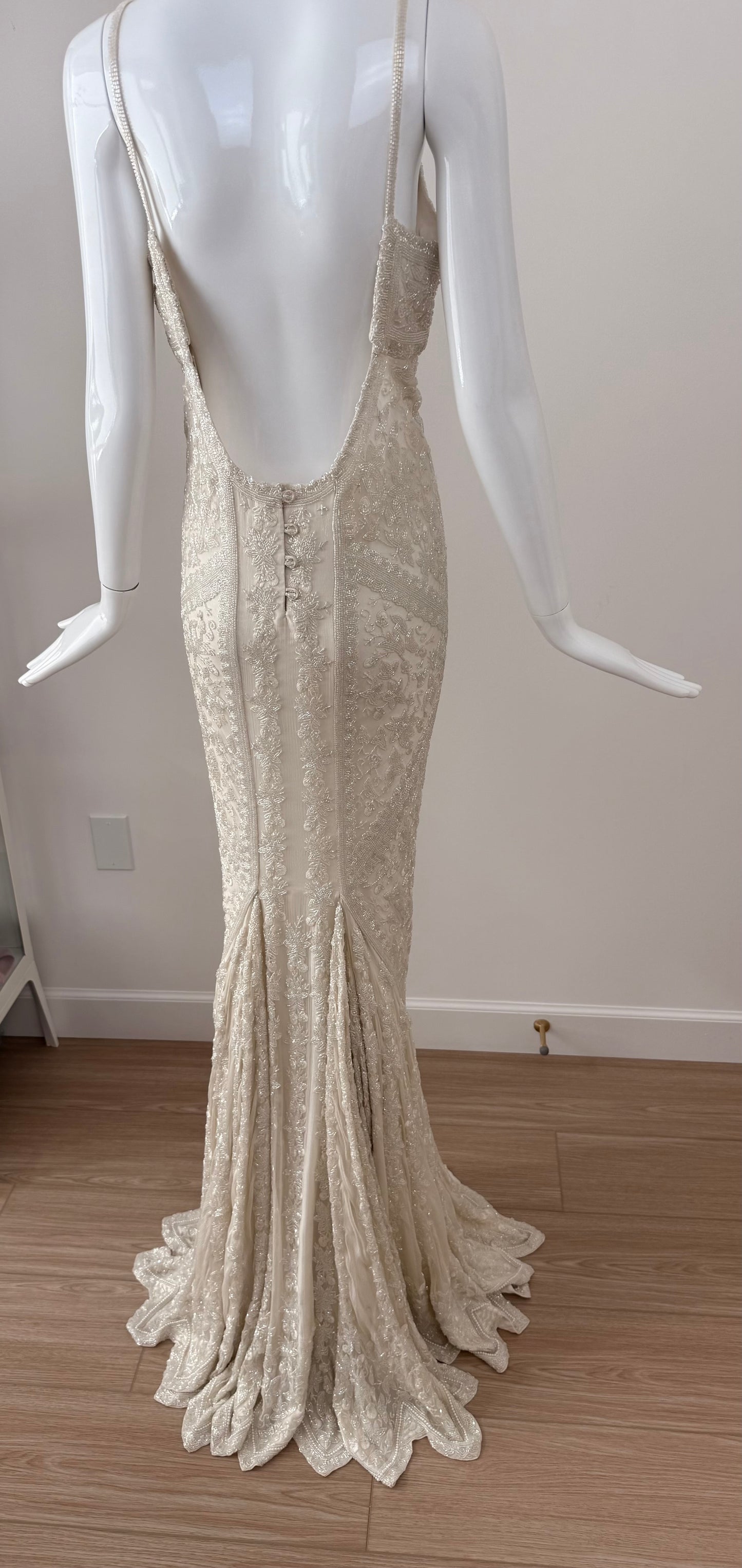 LES HABITUDES 90's Vintage Couture Ivory Iridescent Silk Hand-Beaded Evening Gown