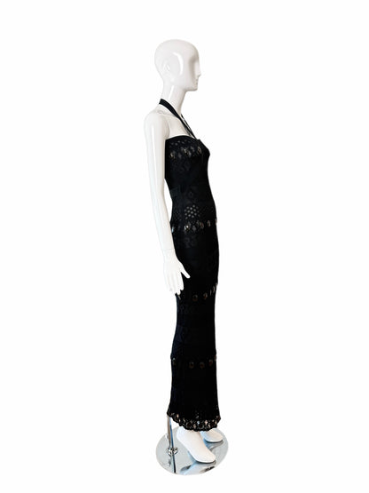HERVE LEGER 90's Vintage Black Crystal Halter Wiggle Maxi Dress