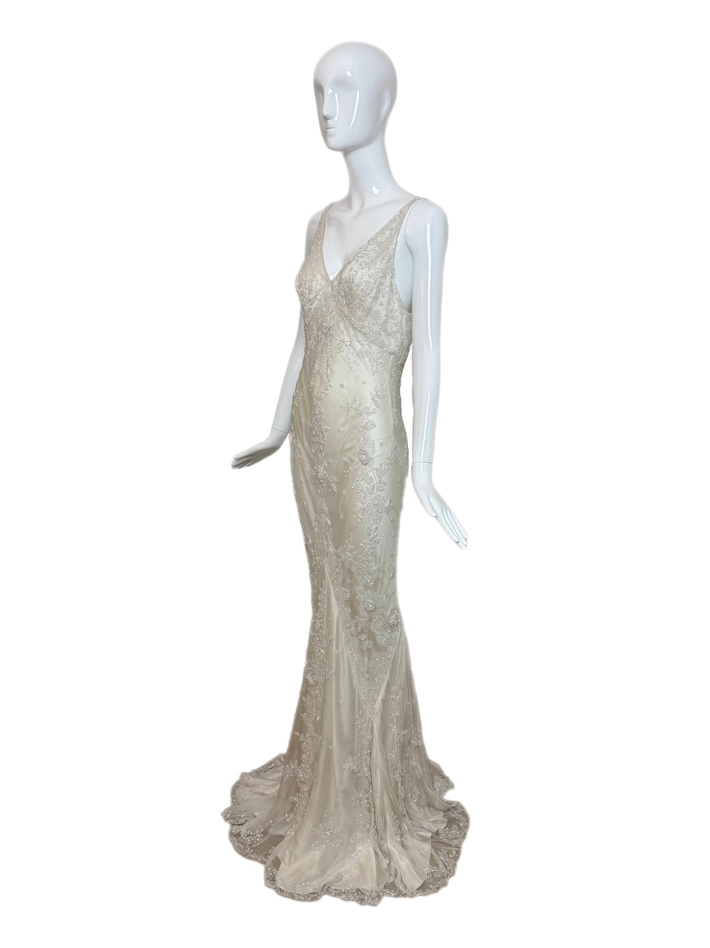 LES HABITUDES 90's Vintage Couture Ivory Beaded Silk Wedding Gown w. Shawl