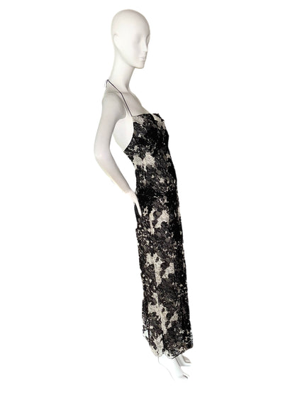 MONIQUE LHUILLIER 2003 Vintage Runway Black + White Silk Lace Gown