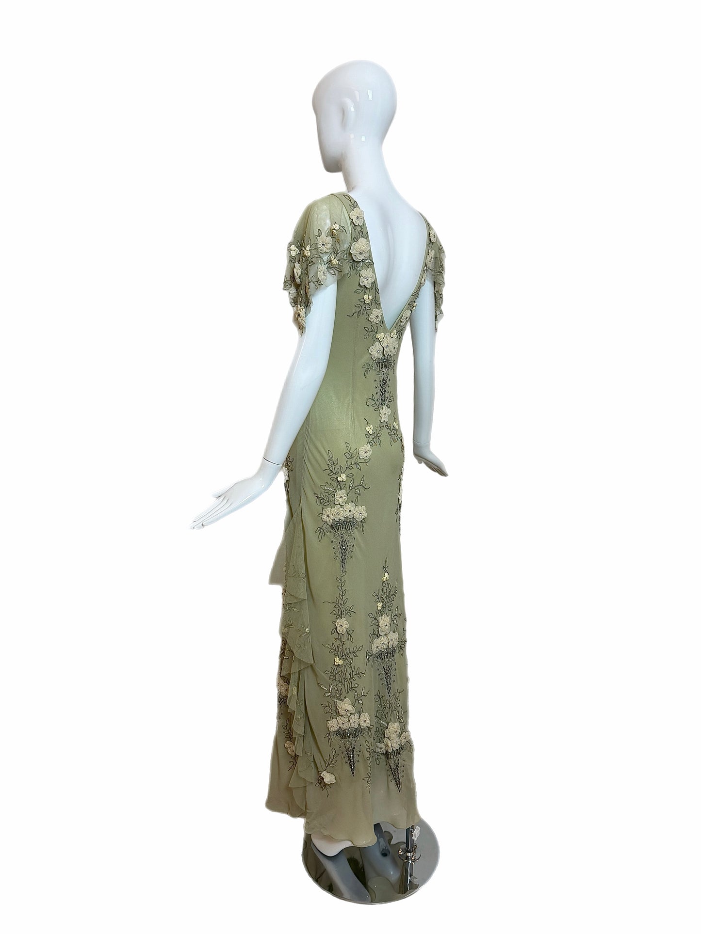 SUE WONG 2004 Vintage Runway Sage Silk Elaborate Evening Gown