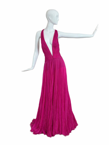 ROBERTO CAVALLI Hot Pink Fuschia Silk Plisse Pleated Plunge Neckline Evening Gown