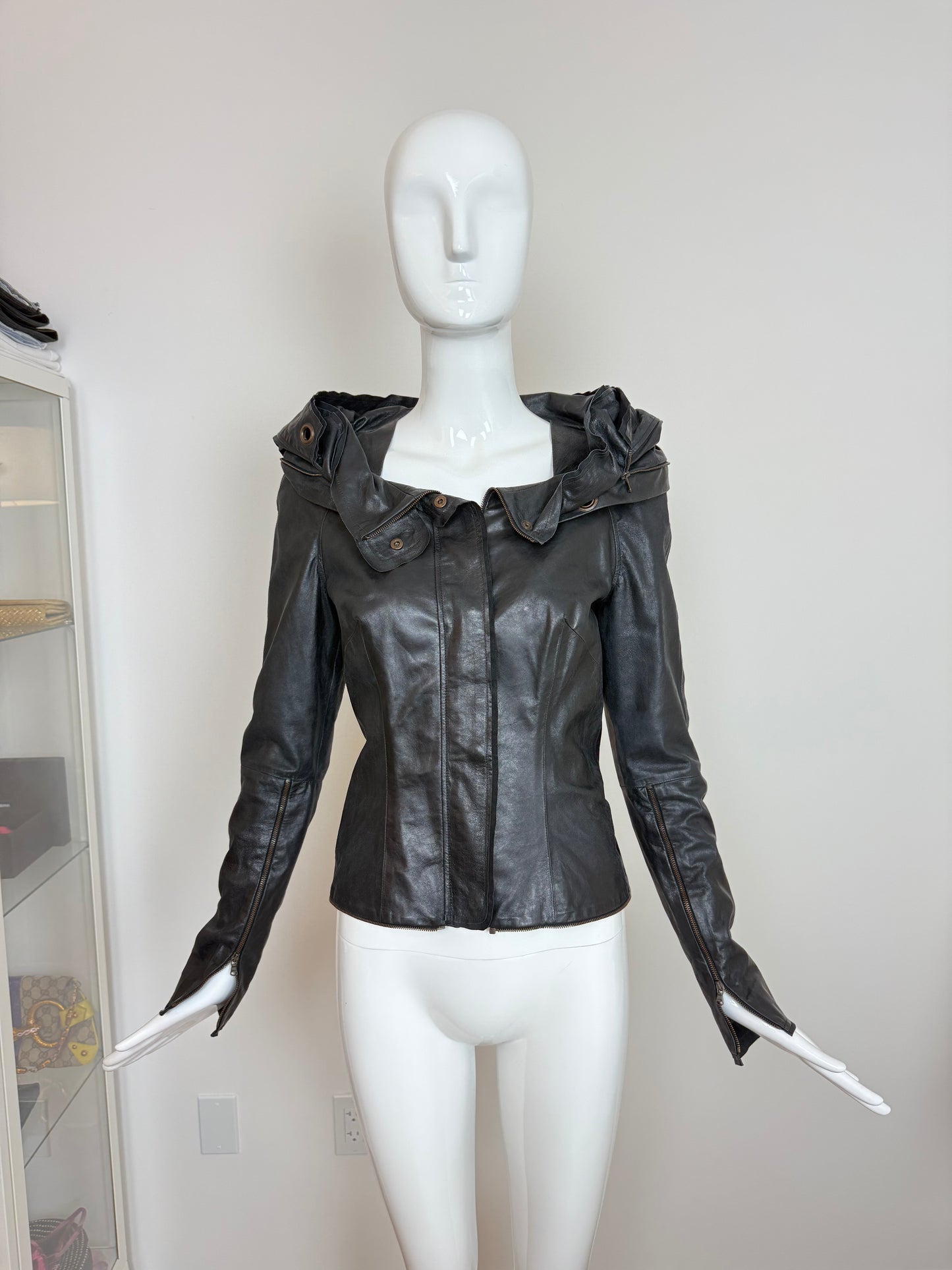 OLIVIER THEYSKENS 2001 Vintage Runway Short Black Leather Jacket