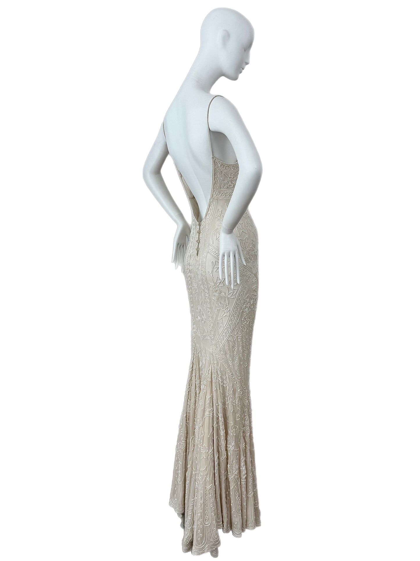 LES HABITUDES 90's Vintage Couture Hand Beaded Bridal Gown w. Gloves + Shawl