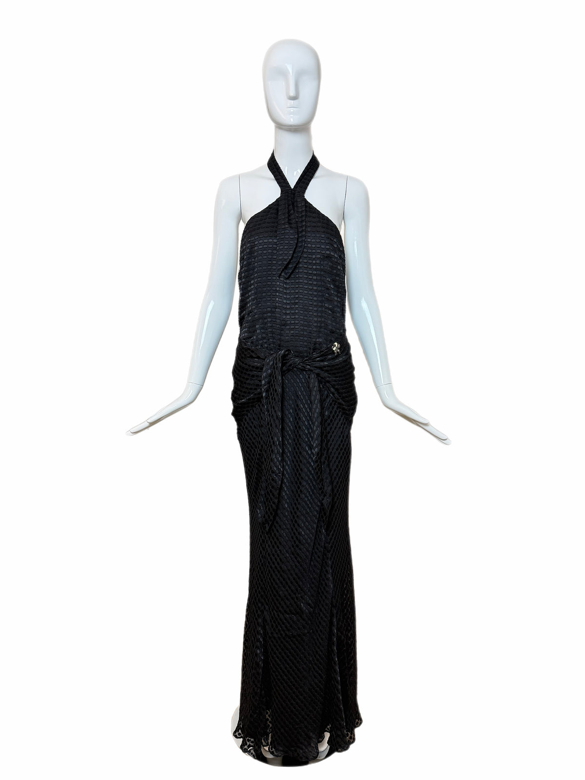 GALLIANO Vintage Black Silk Blend Textured Jacquard Halter Neck Evening Gown