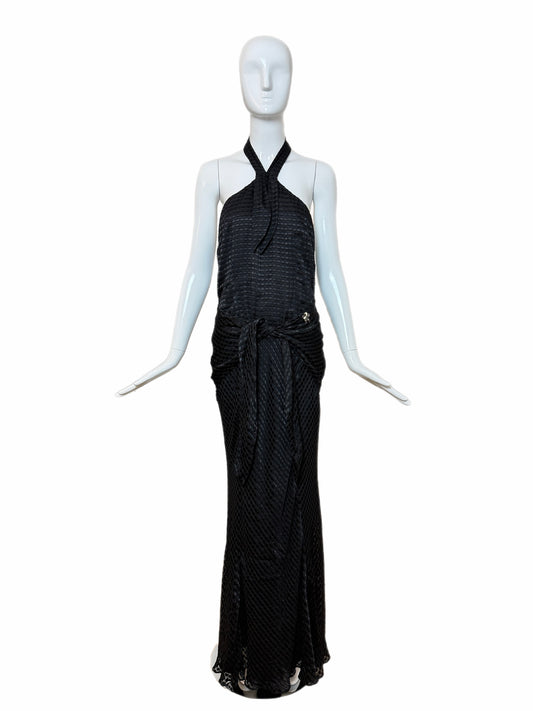 GALLIANO Vintage Black Silk Blend Textured Jacquard Halter Neck Evening Gown