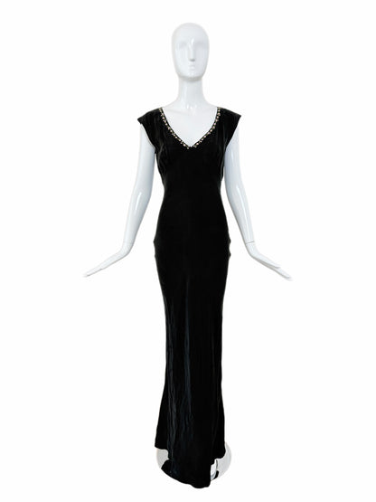 LES HABITUDES 90's Vintage Jet Black Floral Neckline Slip Gown