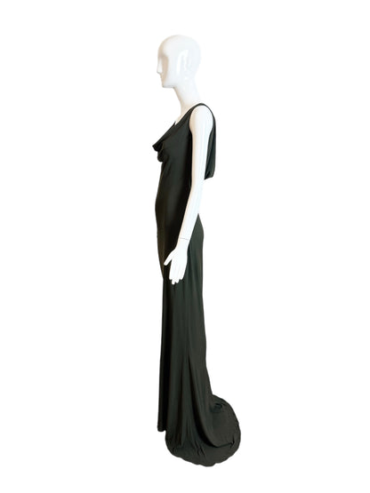 PAMELA DENNIS COUTURE 90's Vintage Hunter Green Beaded Cowl Neck Evening Gown