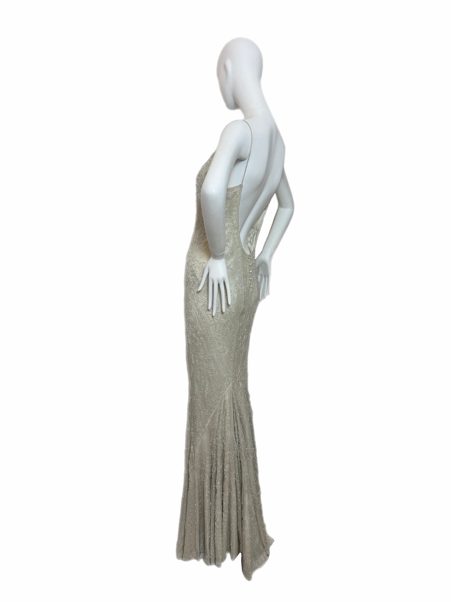 LES HABITUDES 90's Couture Vintage Iridescent Greige Silk Hand Beaded Bridal Gown