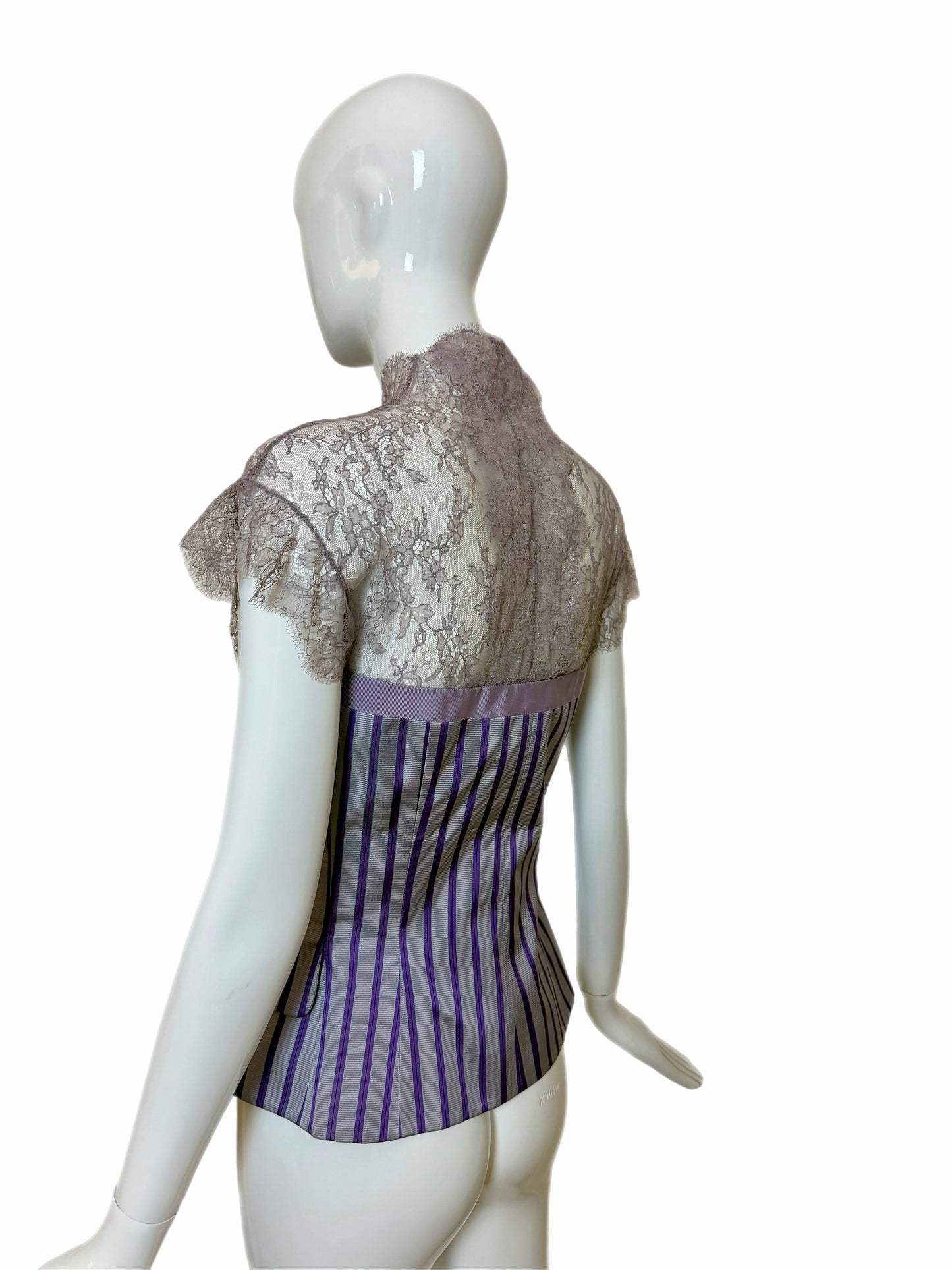 ALEXANDER MCQUEEN 2004 Vintage Silk Purple Pinstripe Lace Blouse