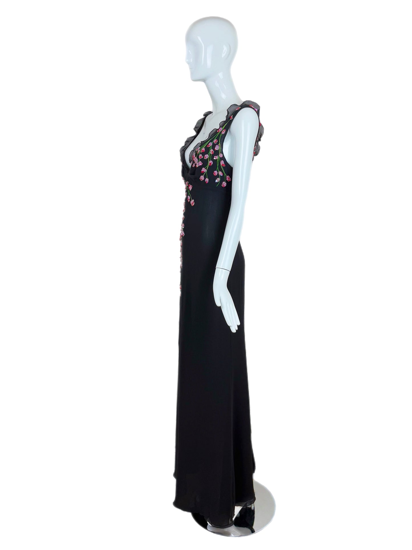 VALENTINO BOUTIQUE 90's Vintage Floral Beaded Black Silk Gown