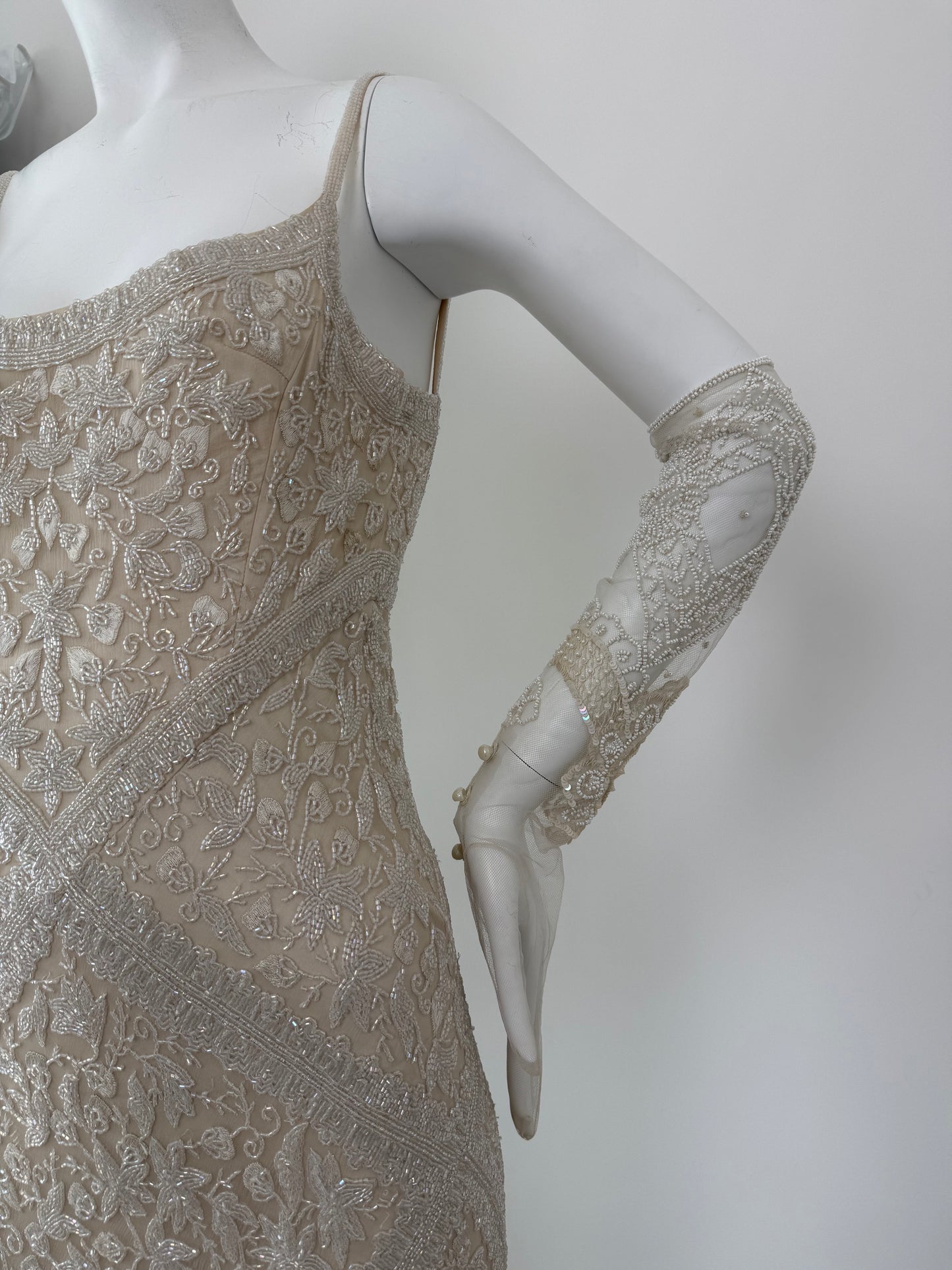 LES HABITUDES 90's Vintage Couture Hand-Beaded w. Pearls Silk Bridal Gown w. Gloves
