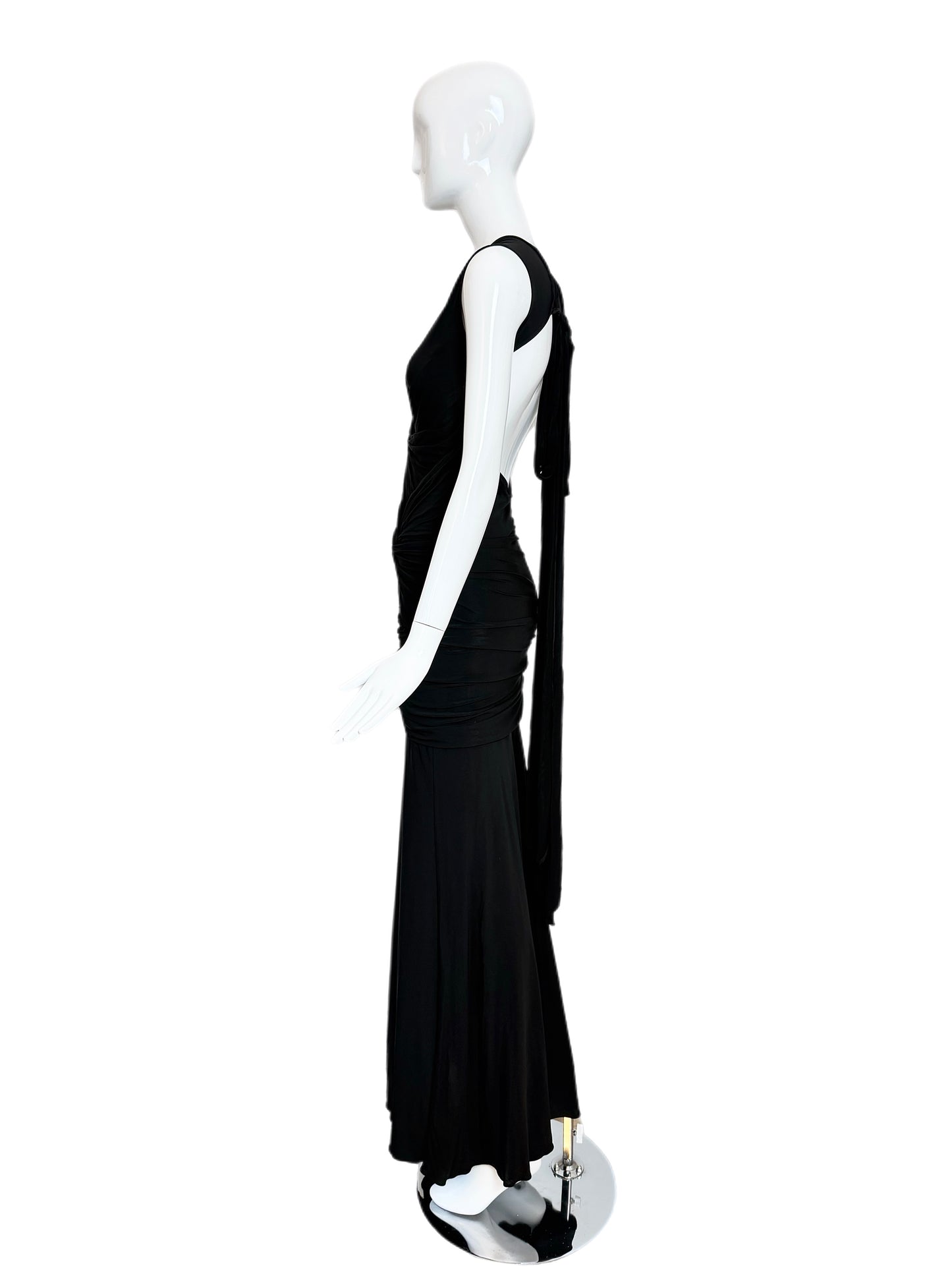 DONNA KARAN Vintage Black Ruched Open Back Evening Gown