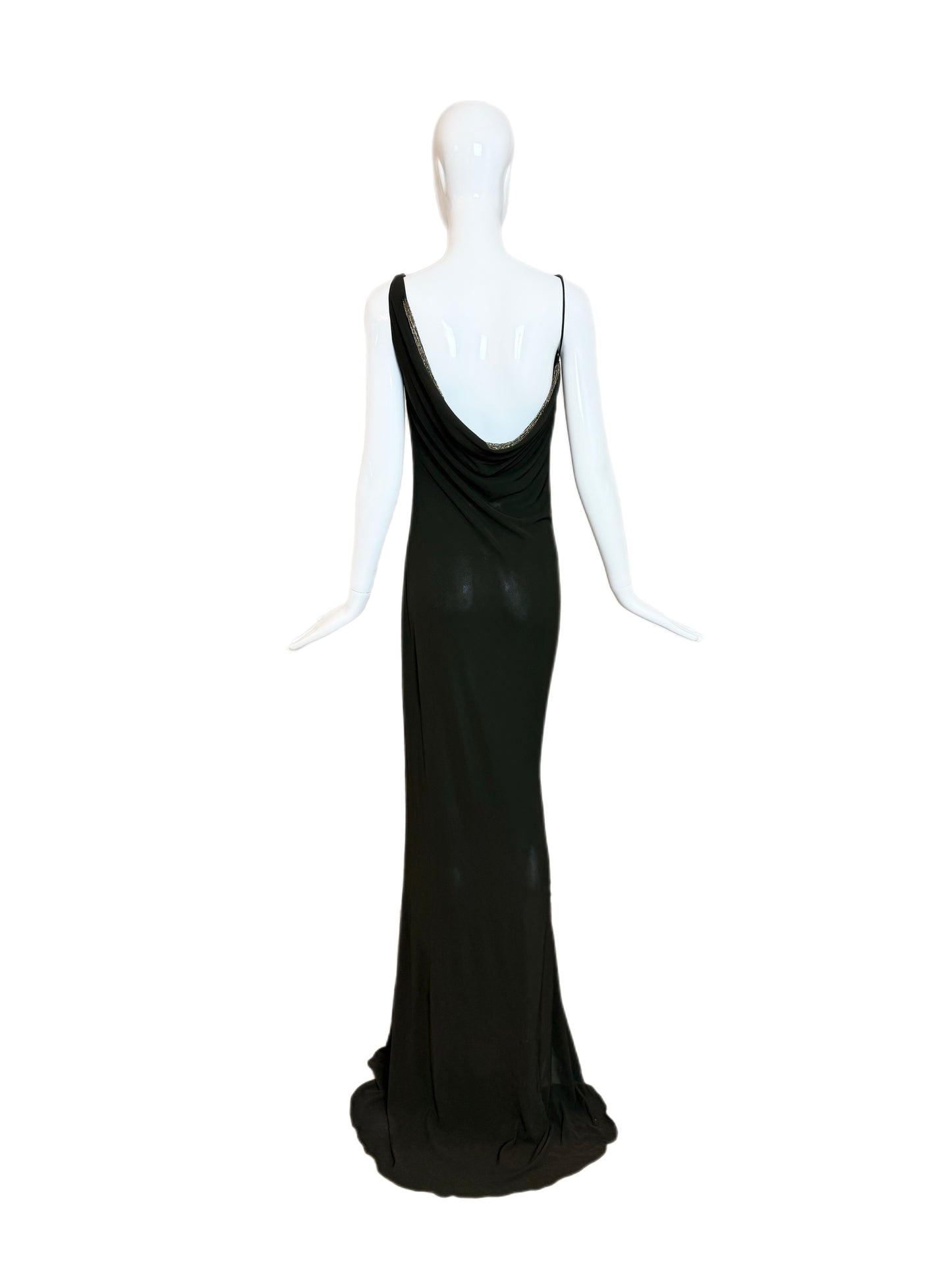 PAMELA DENNIS COUTURE 90's Vintage Hunter Green Beaded Cowl Neck Evening Gown