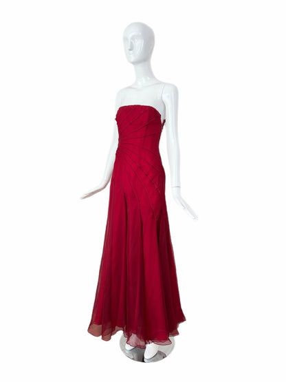 RICHARD TYLER Vintage Silk Red Strapless Ankle Length Dress