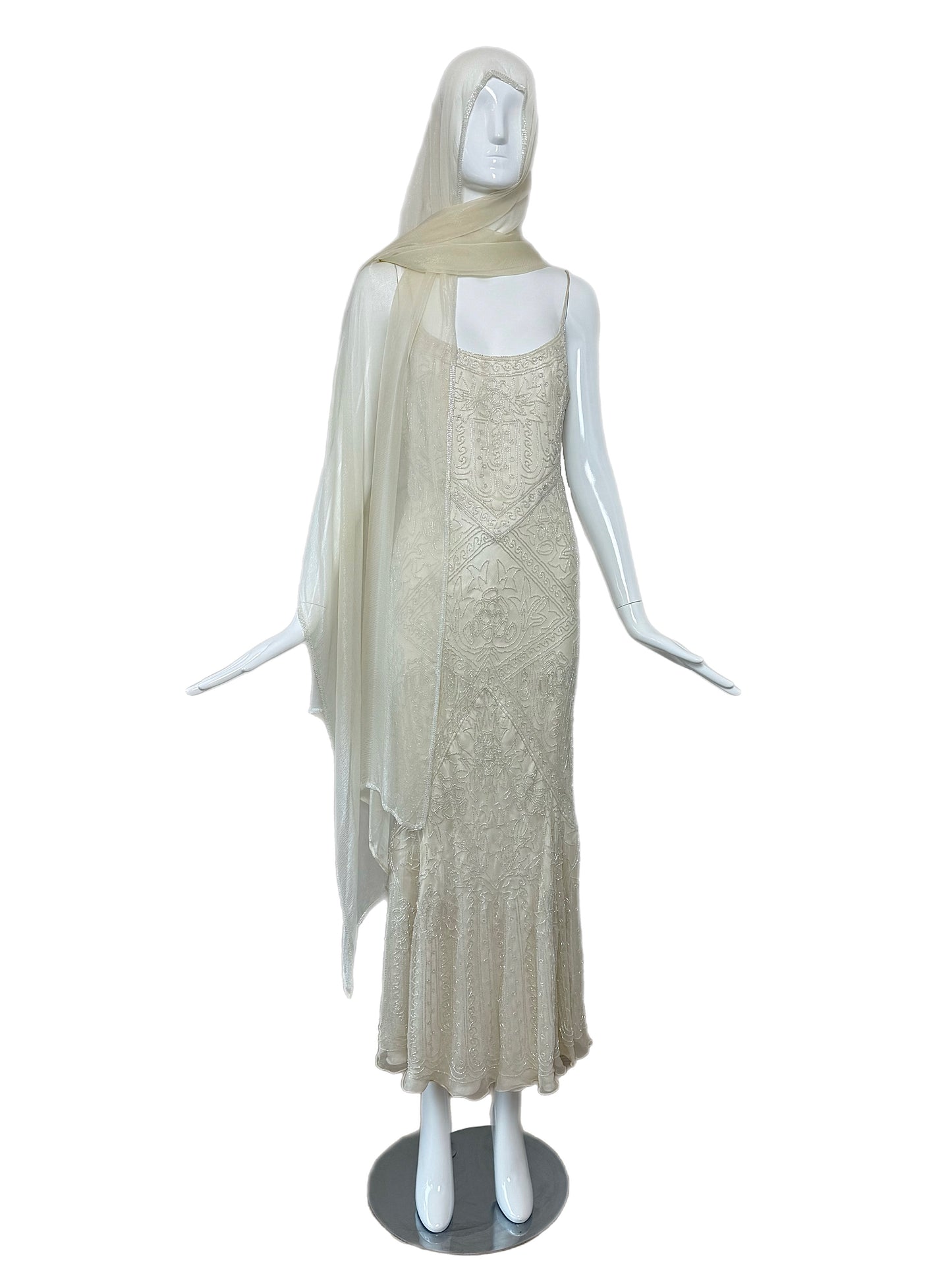LES HABITUDES 90's Vintage Couture Ivory White Silk Beaded Dress w. Shawl