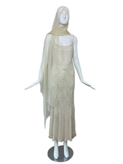 LES HABITUDES 90's Vintage Couture Ivory White Silk Beaded Dress w. Shawl