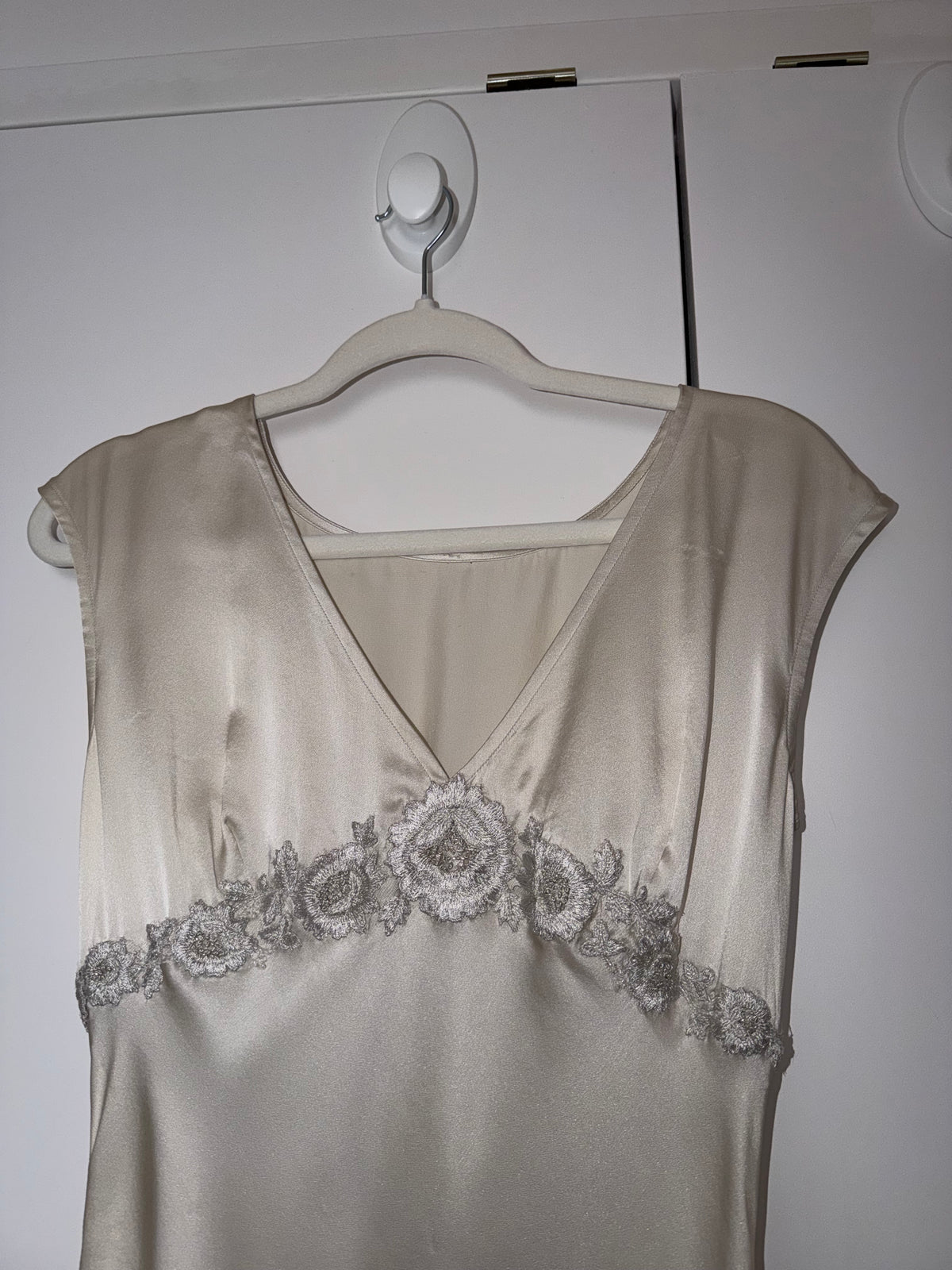 LES HABITUDES 90's Vintage Silver Grey Satin Floral Hand Beaded Antique Look Slip Gown