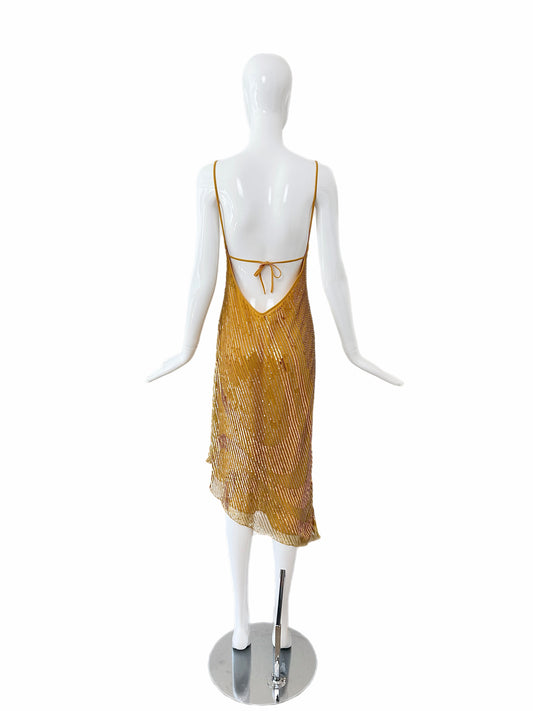 LA PERLA Vintage Marigold Embellished Slip Dress w. Sequin Shawl