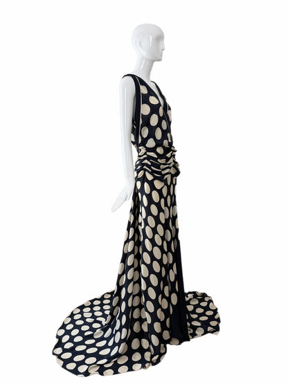 DONNA KARAN 2003 Vintage Runway Silk Midnight Blue +Ivory Polka Dot Gown