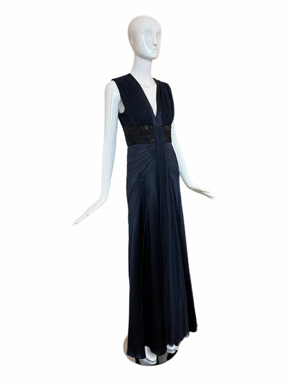 J. MENDEL Midnight Blue Silk w. Black Embellishments Evening Gown
