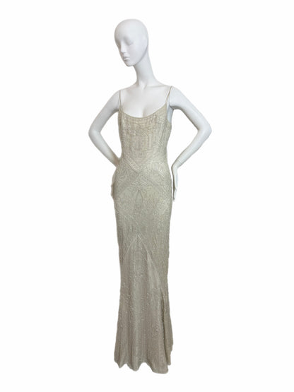 LES HABITUDES 90's Couture Vintage Iridescent Greige Silk Hand Beaded Bridal Gown