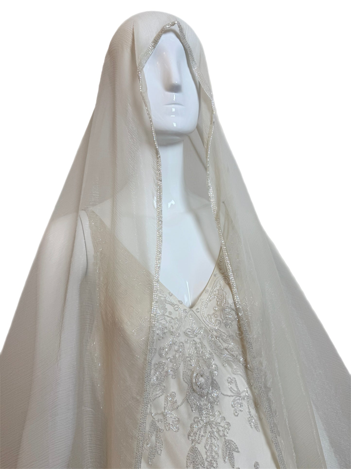 LES HABITUDES 90's Vintage Couture Ivory Beaded Silk Wedding Gown w. Shawl