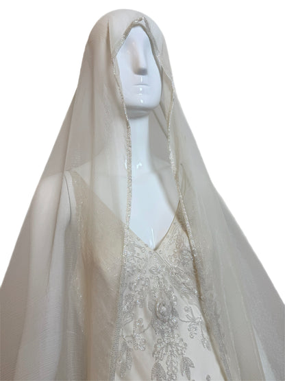 LES HABITUDES 90's Vintage Couture Ivory Beaded Silk Wedding Gown w. Shawl