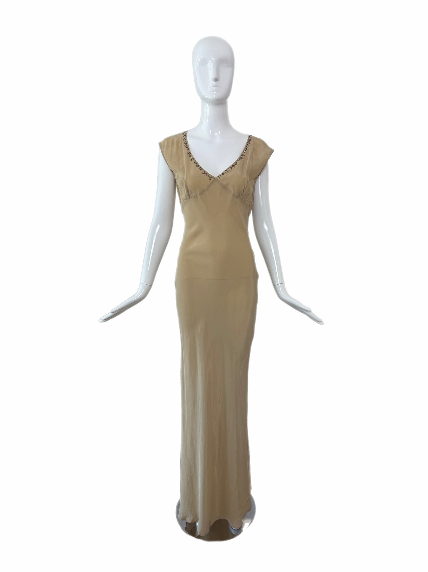 LES HABITUDES 90's Vintage Khaki Camel Floral Neckline Slip Gown