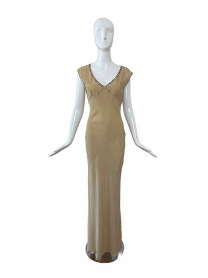 LES HABITUDES 90's Vintage Khaki Camel Floral Neckline Slip Gown