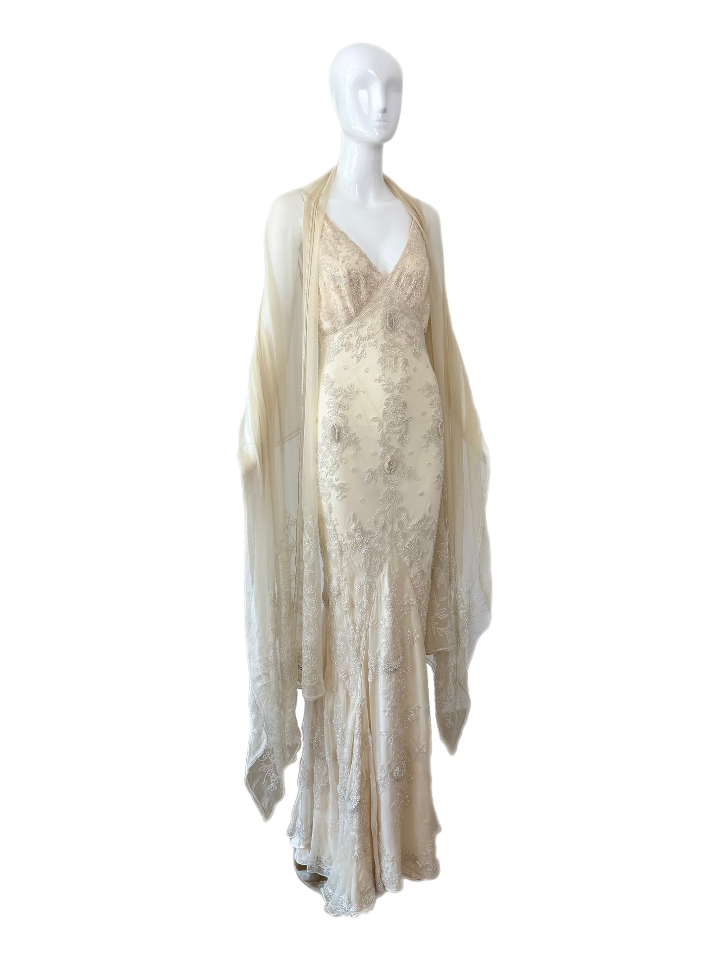 LES HABITUDES 90's Vintage Couture Vanilla Cream Beaded Silk Wedding Gown w. Shawl