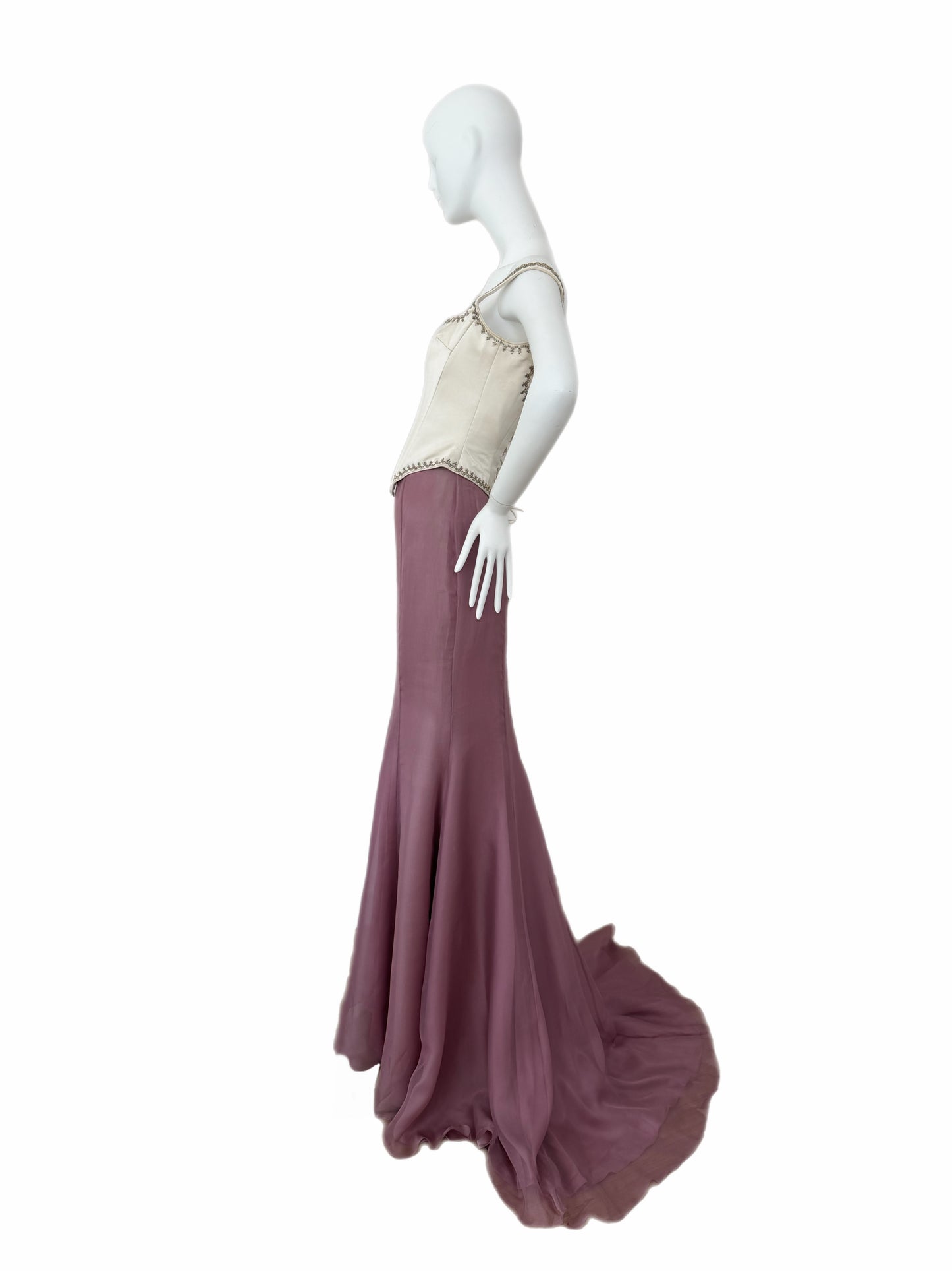 BADGLEY MISCHKA Silk Mauve Ethereal Maxi Train Skirt Sample Piece