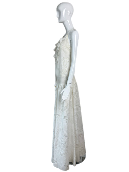 ROBERTO CAVALLI 2016 White Blouson Maxi Dress w. Hand Painted Gold Design