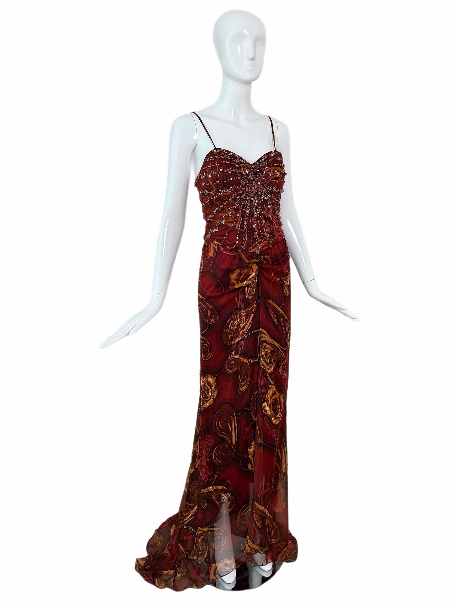 SUE WONG Vintage Silk Burgundy Embellished Evening Gown w. Train