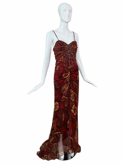 SUE WONG Vintage Silk Burgundy Embellished Evening Gown w. Train