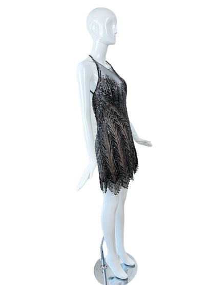 BOB MACKIE Vintage Anthracite Heavy Beaded Backless Mini Dress