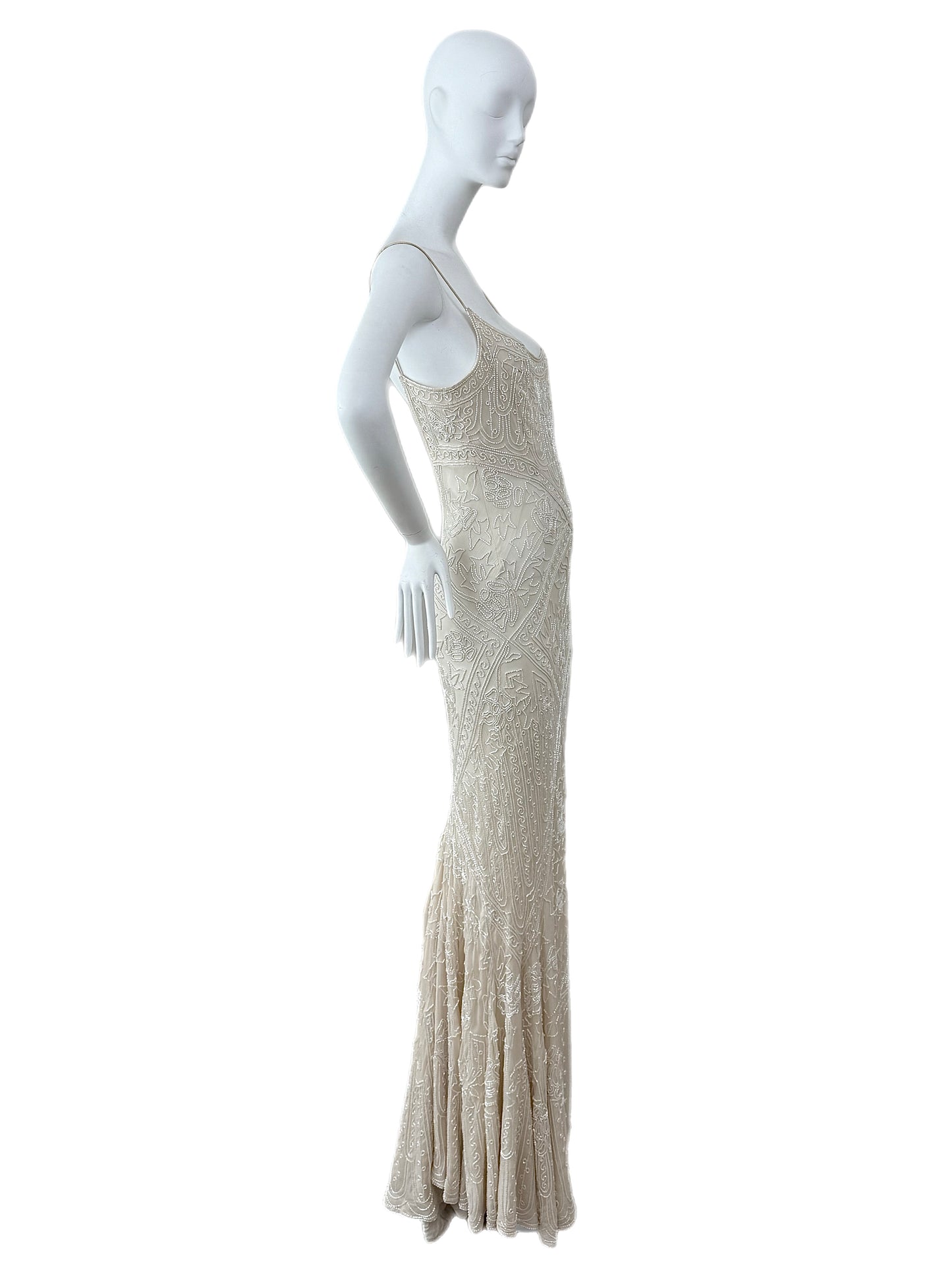 LES HABITUDES 90's Vintage Couture Hand Beaded Bridal Gown w. Gloves + Shawl