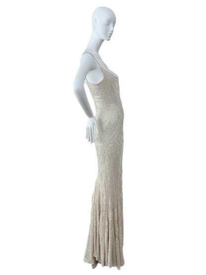 LES HABITUDES 90's Vintage Couture Hand Beaded Bridal Gown w. Gloves + Shawl