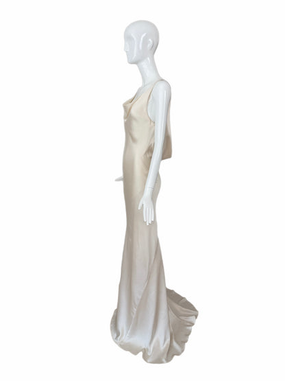 LES HABITUDES Vintage Ivory Silk Wedding Dress w. Open Cowl Lace Back