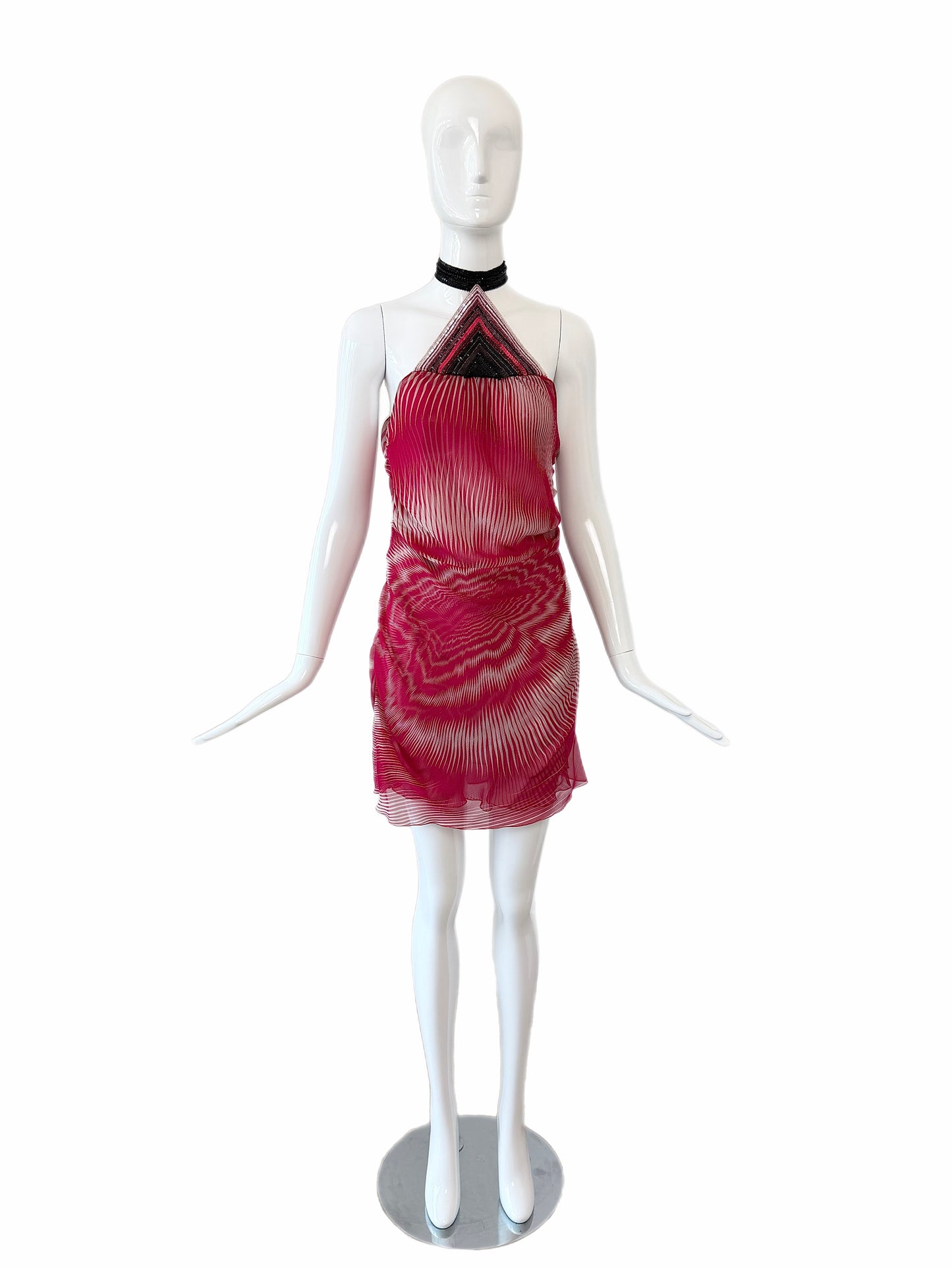 MISSONI 2003 Vintage Runway Silk Embellished Halter Neck Mini Dress