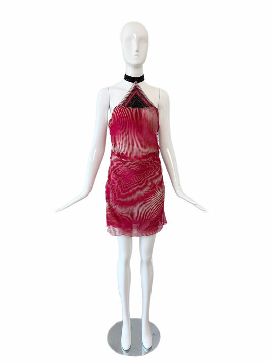 MISSONI 2003 Vintage Runway Silk Embellished Halter Neck Mini Dress