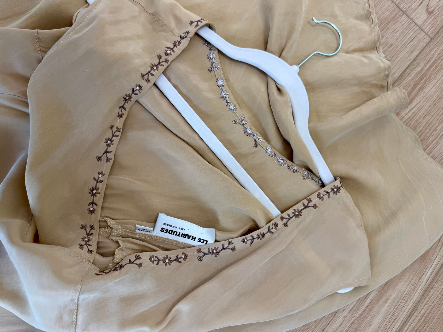 LES HABITUDES 90's Vintage Khaki Camel Floral Neckline Slip Gown